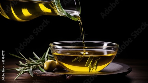 Olive oil pouring into glass bowl with olives on wooden table