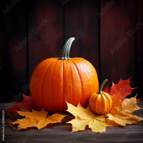 Autumn concept  fall coloured leaves and pumpkin