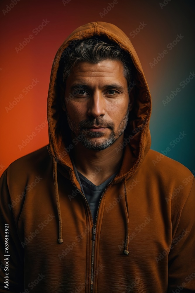 Fototapeta premium Portrait of man in hoodie sweater on color background