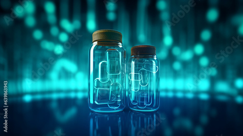 medicine polygonal pills antibiotics in a jar blue background.