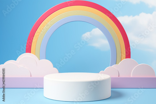 Baby kid product display podium platform with colorful rainbow and clouds on blue background. Baby products store  kid toys  tools and clothing store  online shopping background. Front view