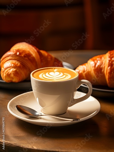 Cup of coffee with croissants on wooden table.