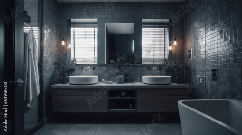 Gray bathroom interior with double sink.