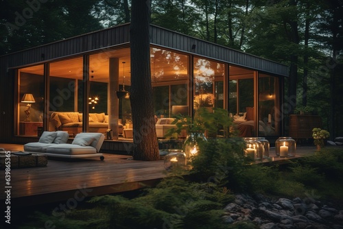 Wooden summer house with panoramic windows in the forest