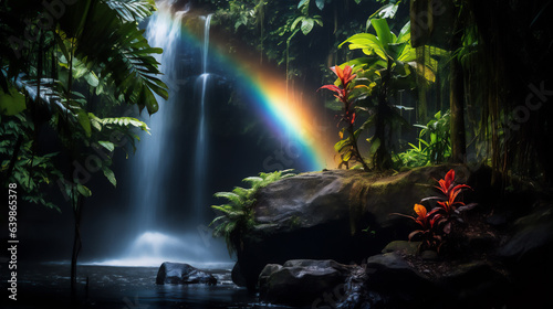 熱帯のジャングルにて滝に陽が差して虹が現れた