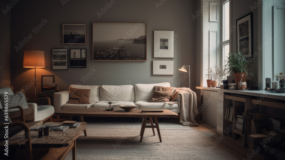 gray walls, a white sofa and chair, a laptop on a coffee table, and a horizontal poster can all be seen in this side view of a living room. gray walls, a white sofa and chair, a laptop on a coffee table, and a horizontal poster can all be seen in this side view of a living room.