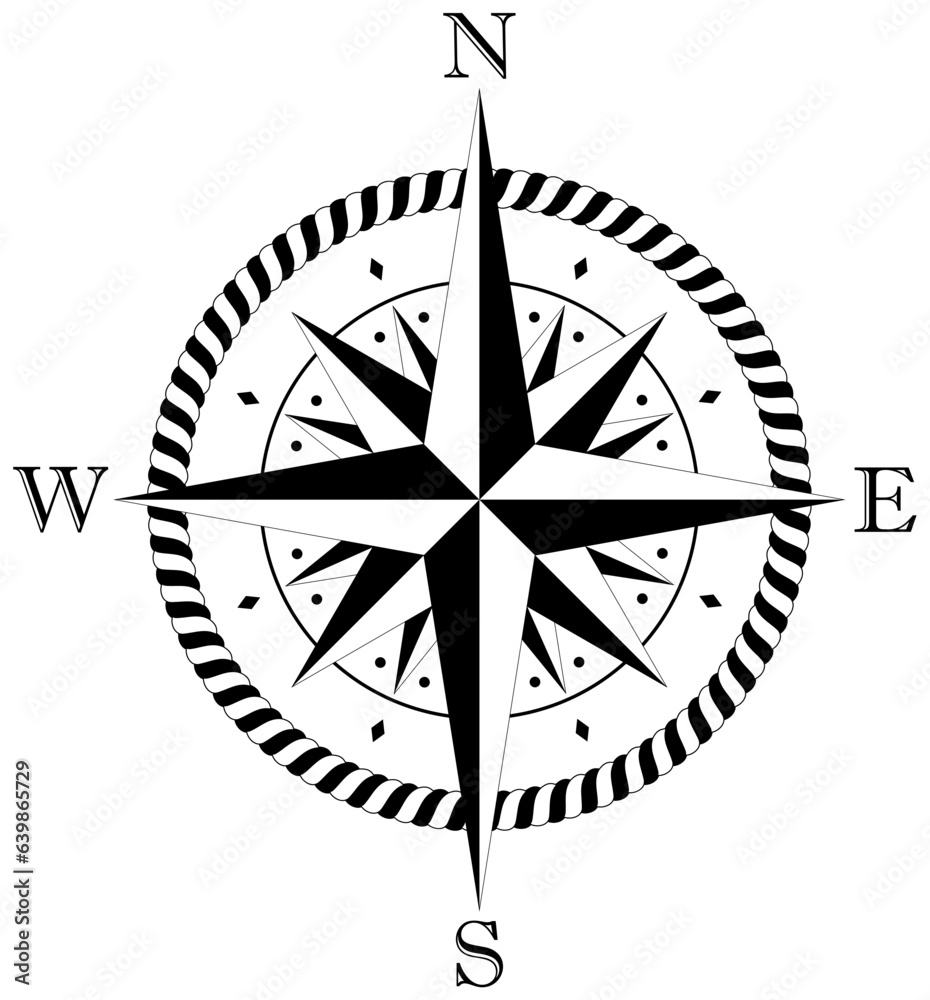 Kompassrose-Vektor mit vier Windrichtungen und Seil Rahmen in Schwarz und weiß.
Acht Zacken Windrose.
Symbol für die Marine-, Schifffahrts- oder Trekking-Navigation.
