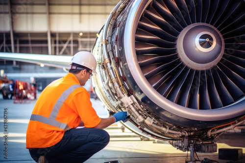 an aircraft technician is repairing a turbine, an engineer is we photo