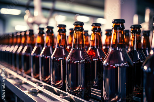 beer factory brown glass bottles on the conveyor