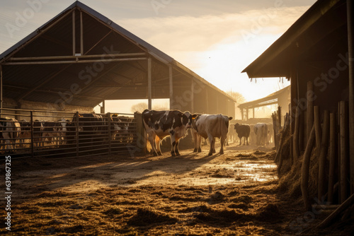 cowshed, cows are standing inside, the cowshed is illuminated by