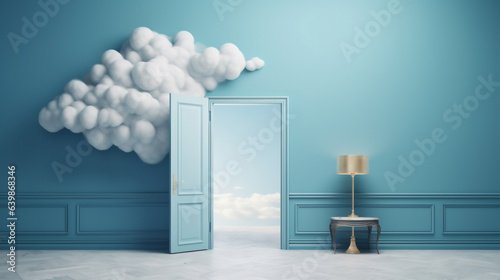 stage showcase abstract cloud blue cylinder door pedestal minimal room. Generative AI.