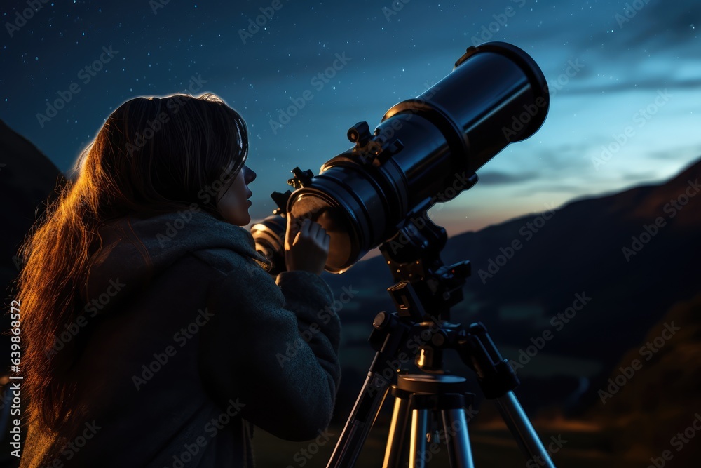 A woman looking through a telescope, a satellite visible in the distance - Stargazer - AI Generated