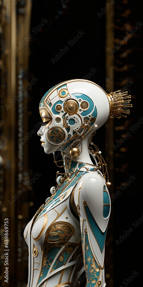 Fototapeta premium Hübsche Roboter Frau in Cyberpunk Anzug sexy in weiß gold, ai generativ
