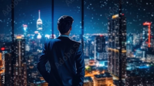 Back view of businessman looking at skyscraper at night time 