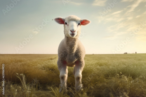 meadow animal wool green grass lamb sun field sheep farm. Generative AI.