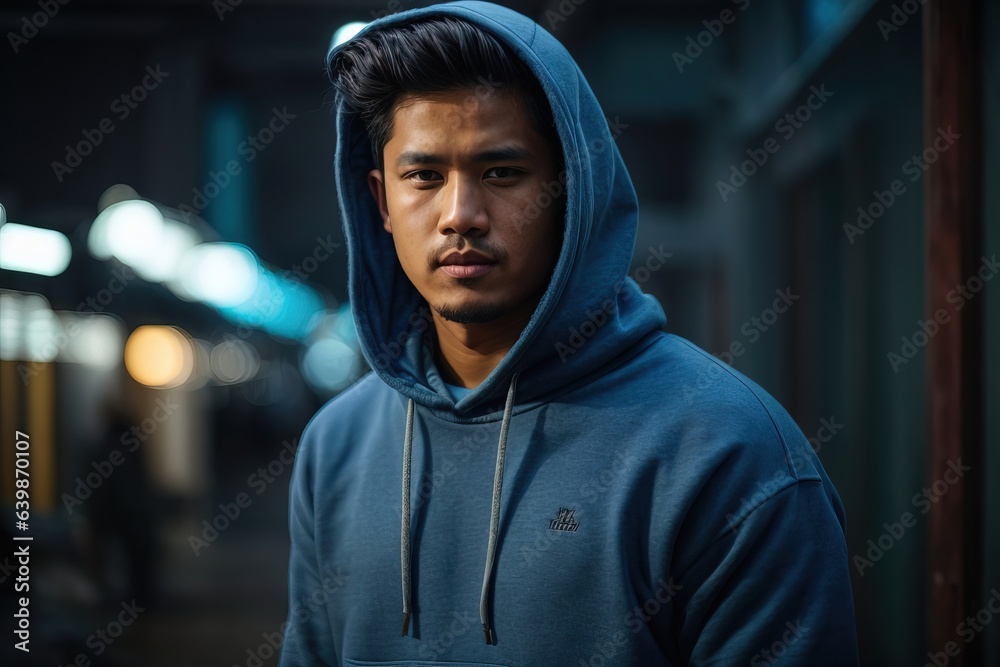 Portrait of man in blue hoodie sweater