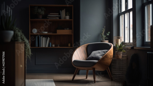 Grey barrel chair against of window and wooden shelving unit and cabinet on dark wall. Scandinavian style interior design of modern living room.