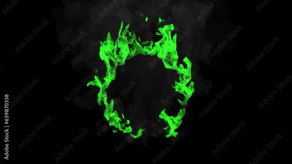 Green fire circle on black background, isolated, lots of smoke Green fire circle on black background, isolated, lots of smoke