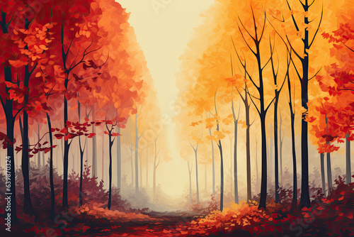 Ein Wald mit Bäumen in verschiedenen Rottönen, Gelbtönen und Orangetönen. © michagehtraus
