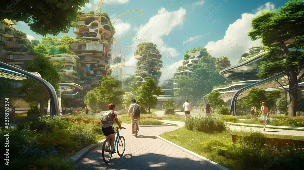 A fantastic green city of the future with people on bicycles. - obrazy, fototapety, plakaty 