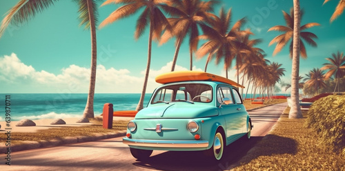 retro summer car trip tropical vacation road travel vintage beach. Generative AI. © VICHIZH