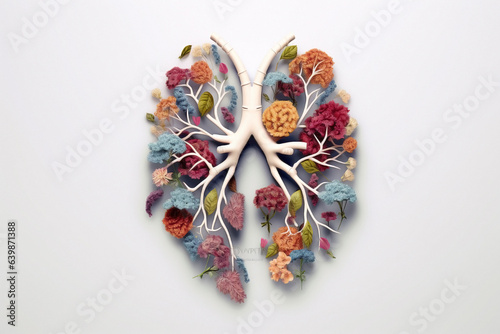 Nurturing wellness through flowers and plants, human lungs on a neutral background. Elevate lung health: Nature's blossoming symphony.