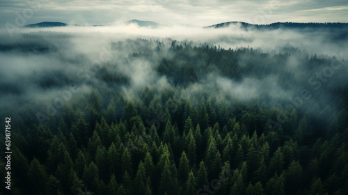 drone photo of foggy forest in the mountains 