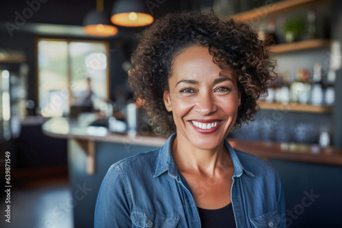 Close up of a curly haired middle age woman in a bar.