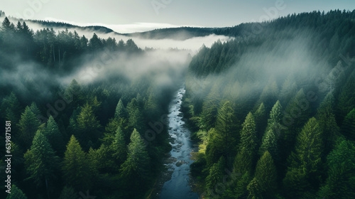 drone photo of foggy forest river in the mountains  © @foxfotoco