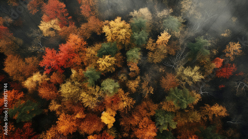 Top down drone photo of autumn trees and evergreen trees in North America with fog