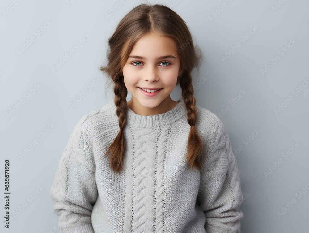 Portrait of a child smiling at a girl in a sweater on a gray-white background.