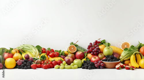 different colored fruits row on white background. © kichigin19