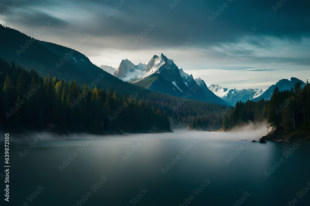 lake in winter Mountains, forests, and fog are depicted in a photorealistic manner