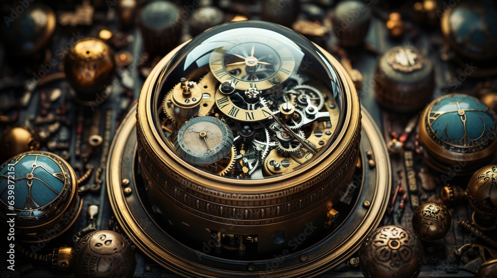 Steampunk Glass Bubble Collection - Mini Gears, Springs & Hourglass, generative Ai