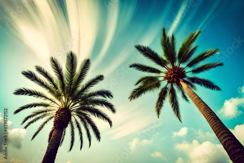 Blue sky and palm trees view from below, vintage style, tropical beach and summer background,