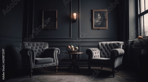 Grey relax room interior two armchairs with shelf, mockup frame.