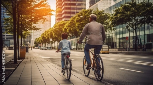 Father and son ride bicycle father day concept