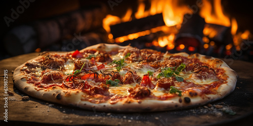 Leckere Salami Pizza mit sch  ner Kruste und Feuer im Hintergrund Nahaufnahme im Querformat f  r Banner  ai generativ