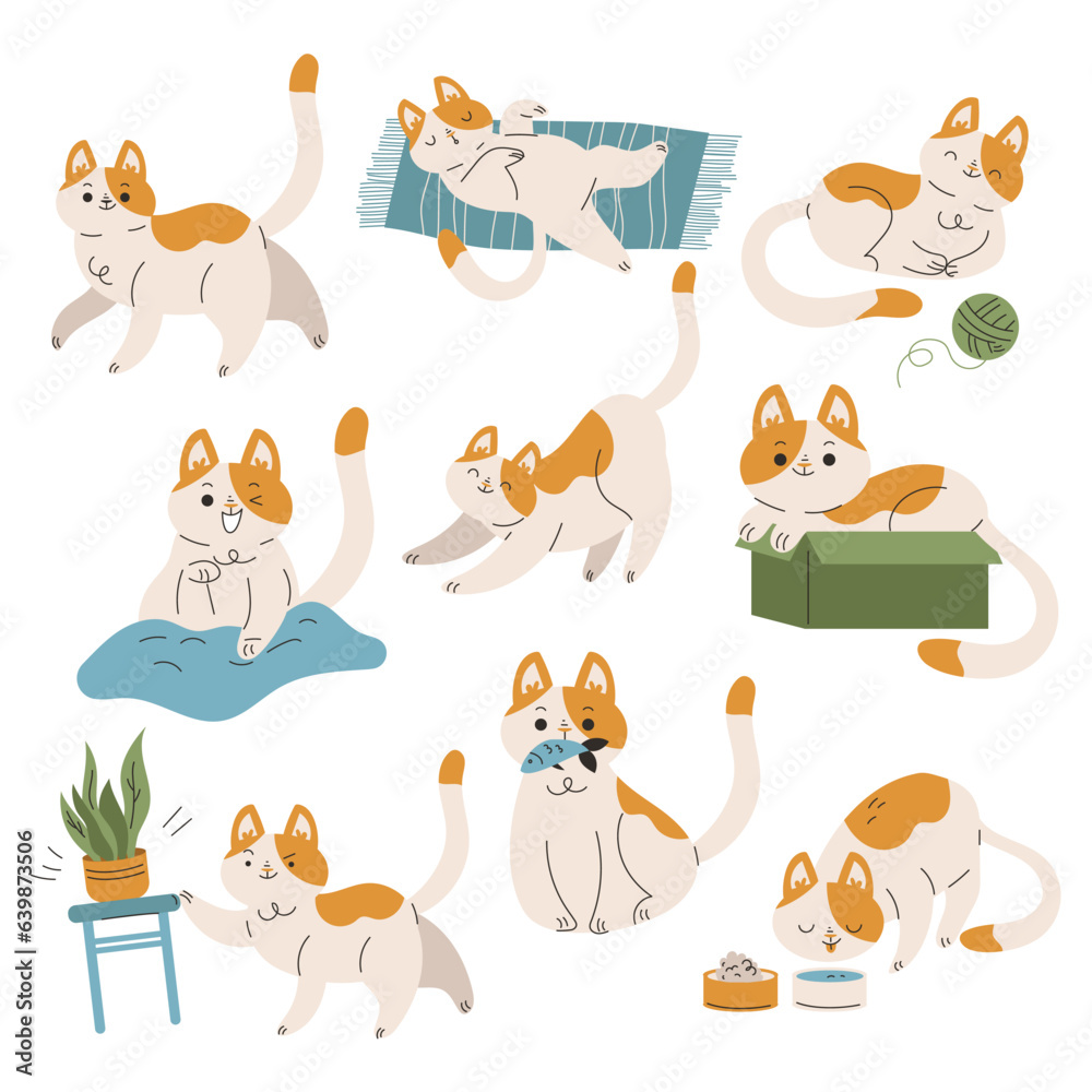 Naklejka premium Funny Cat Domestic Pet with Pretty Snout Engaged in Different Activity Vector Set