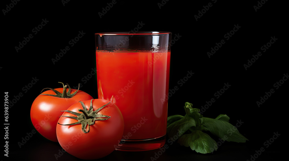 Tomato juice in a glass and fresh tomatoes on a black background (generative ai) Tomato juice in a glass and fresh tomatoes on a black background (generative ai)