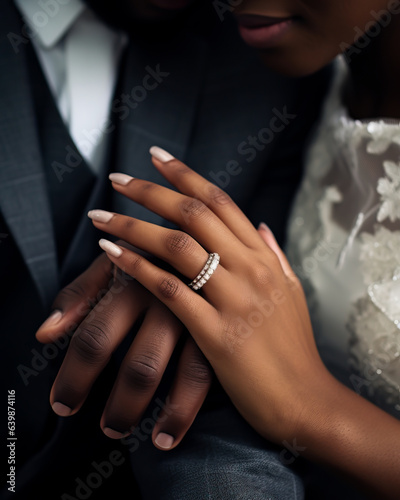 Close up of a newly wed married couple with hands and rings on the finger of the woman. Concept of marriage, love and vows at church. Shallow field of view.