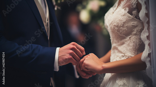 Close up of a newly wed married couple with hands and rings on the finger of the woman. Concept of marriage, love and vows at church. Shallow field of view.