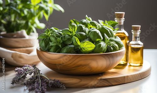 Basil in a cup on a light background.
