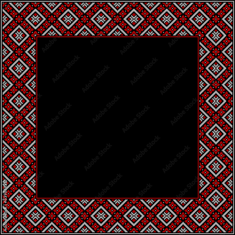 Obraz premium Vector illustration of Ukrainian ornament in ethnic floral style, identity, vyshyvanka, embroidery for print clothes, websites, banners. Background. Geometric design, frame for text, copy space