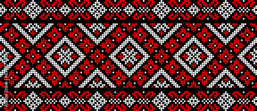 Vector illustration of Ukrainian ornament in ethnic floral style, identity, vyshyvanka, embroidery for print clothes, websites, banners. Background. Geometric design, frame for text, copy space