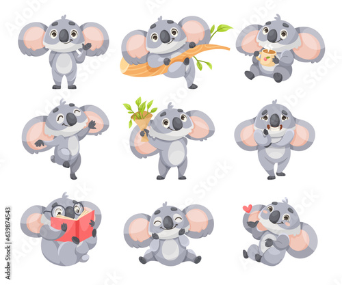 Cheerful Koala Animal with Large Ears and Pretty Snout Vector Set