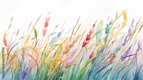 wild grass field watercolor white rainbow multicolored background.