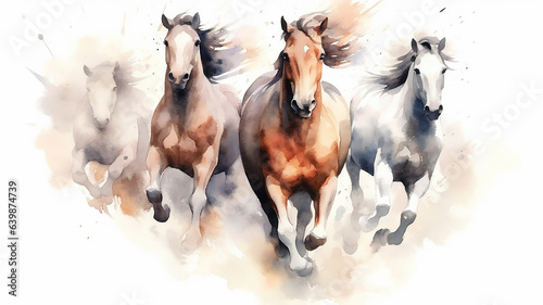 running horses watercolor on a white background dynamics composition art.