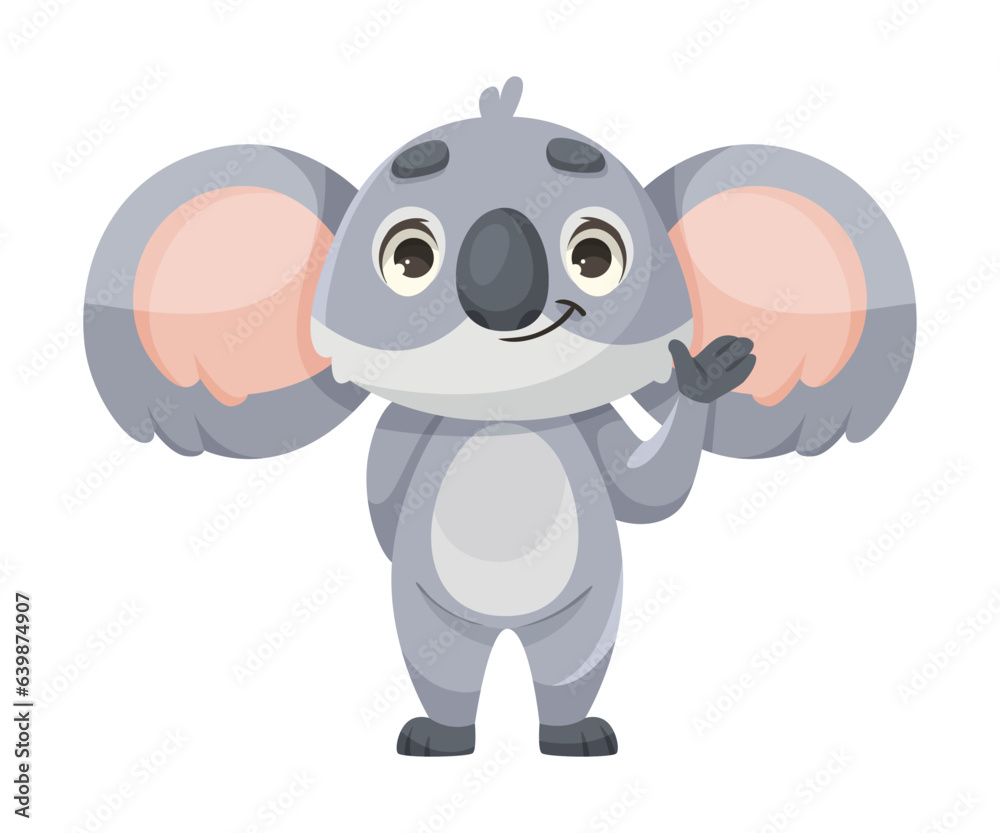 Cheerful Koala Animal with Large Ears and Pretty Snout Waving Paw Vector Illustration