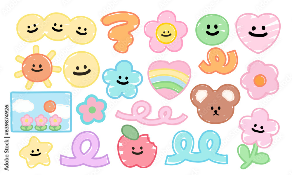 Doodle drawings, kid colouring style of summer elements, picnic icons, logo, flowers, nature, garden, tattoo, sticker, rainbow, apple, teddy bear, heart, cartoon character, fabric print